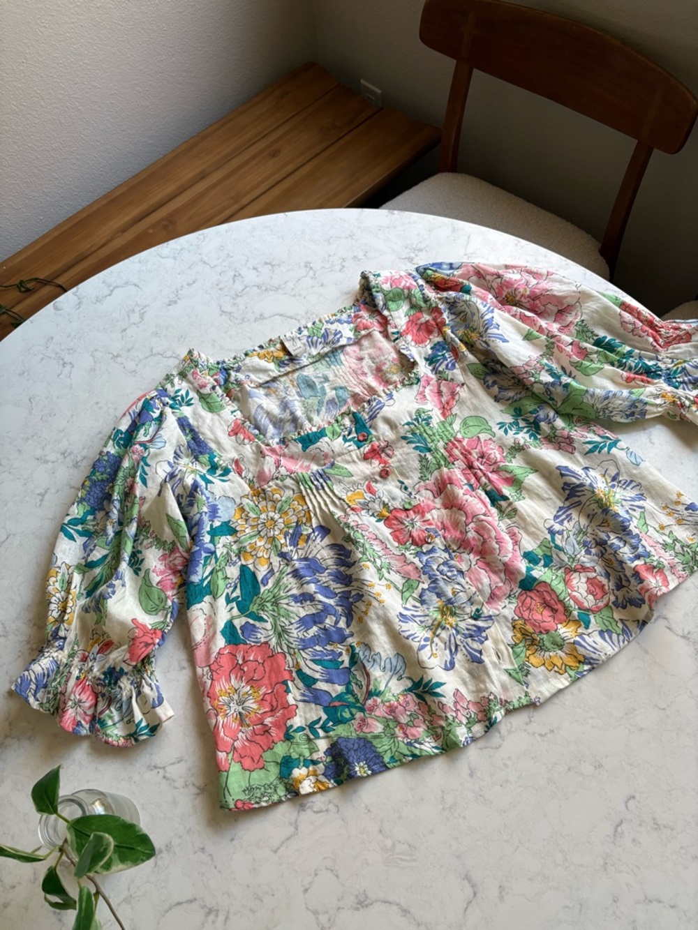 Joie Floral Square-Neck Puff Sleeve Top in Pink, Blue, Green